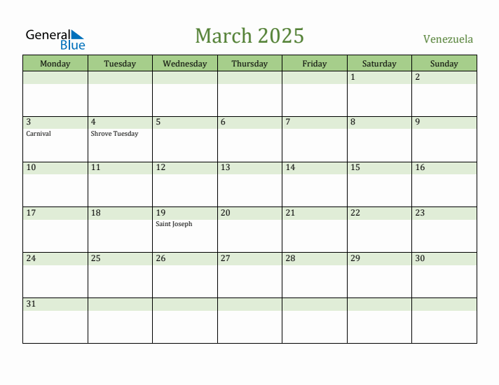 March 2025 Calendar with Venezuela Holidays