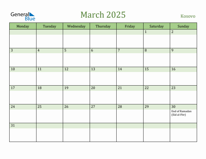 March 2025 Calendar with Kosovo Holidays