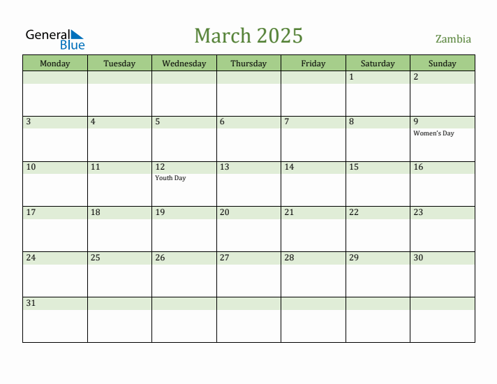 March 2025 Calendar with Zambia Holidays