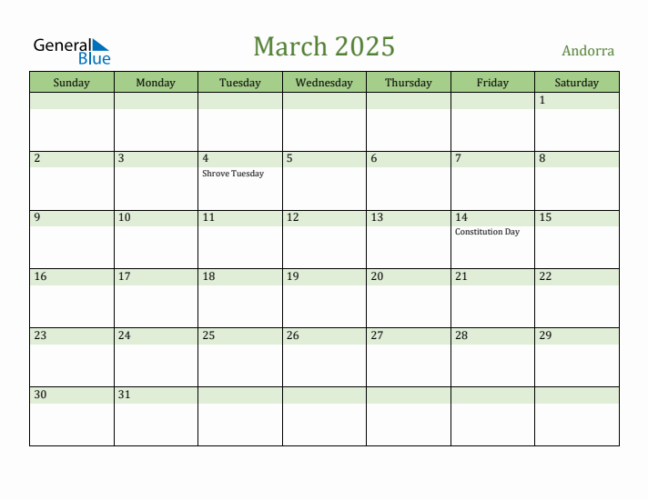 March 2025 Calendar with Andorra Holidays