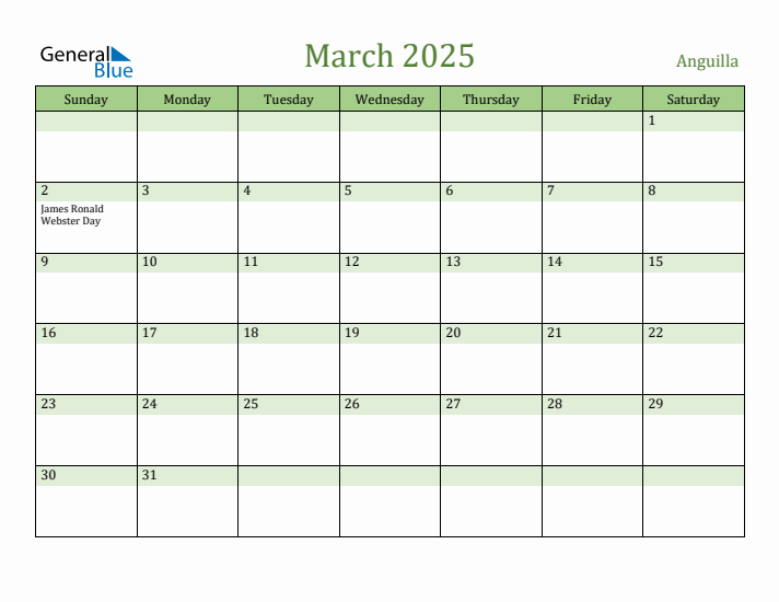 March 2025 Calendar with Anguilla Holidays