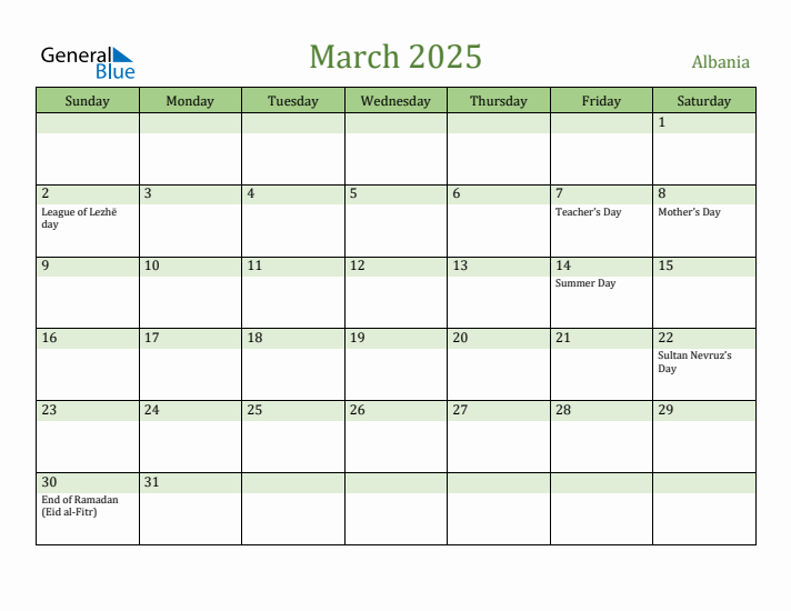 March 2025 Calendar with Albania Holidays