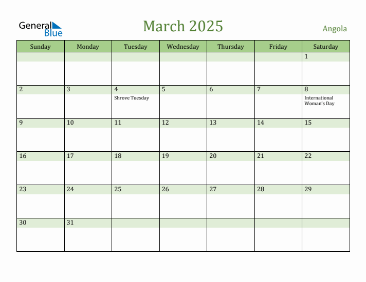 March 2025 Calendar with Angola Holidays