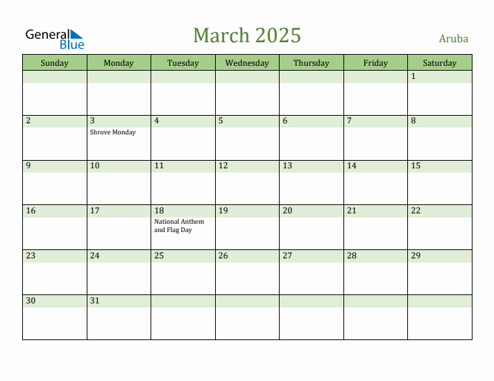 March 2025 Calendar with Aruba Holidays