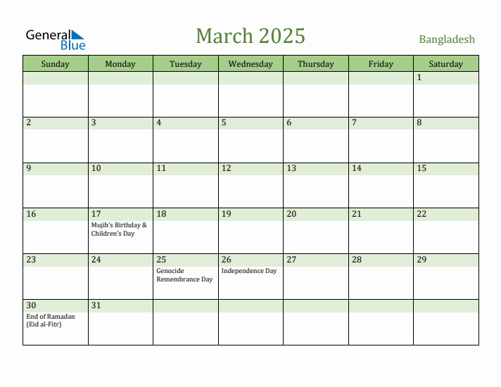 March 2025 Calendar with Bangladesh Holidays
