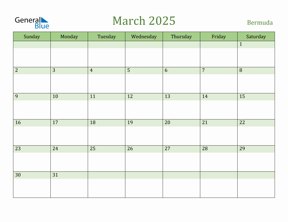 Fillable Holiday Calendar for Bermuda March 2025