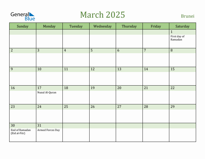March 2025 Calendar with Brunei Holidays