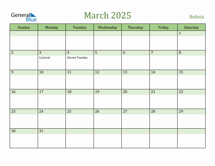 March 2025 Calendar with Bolivia Holidays