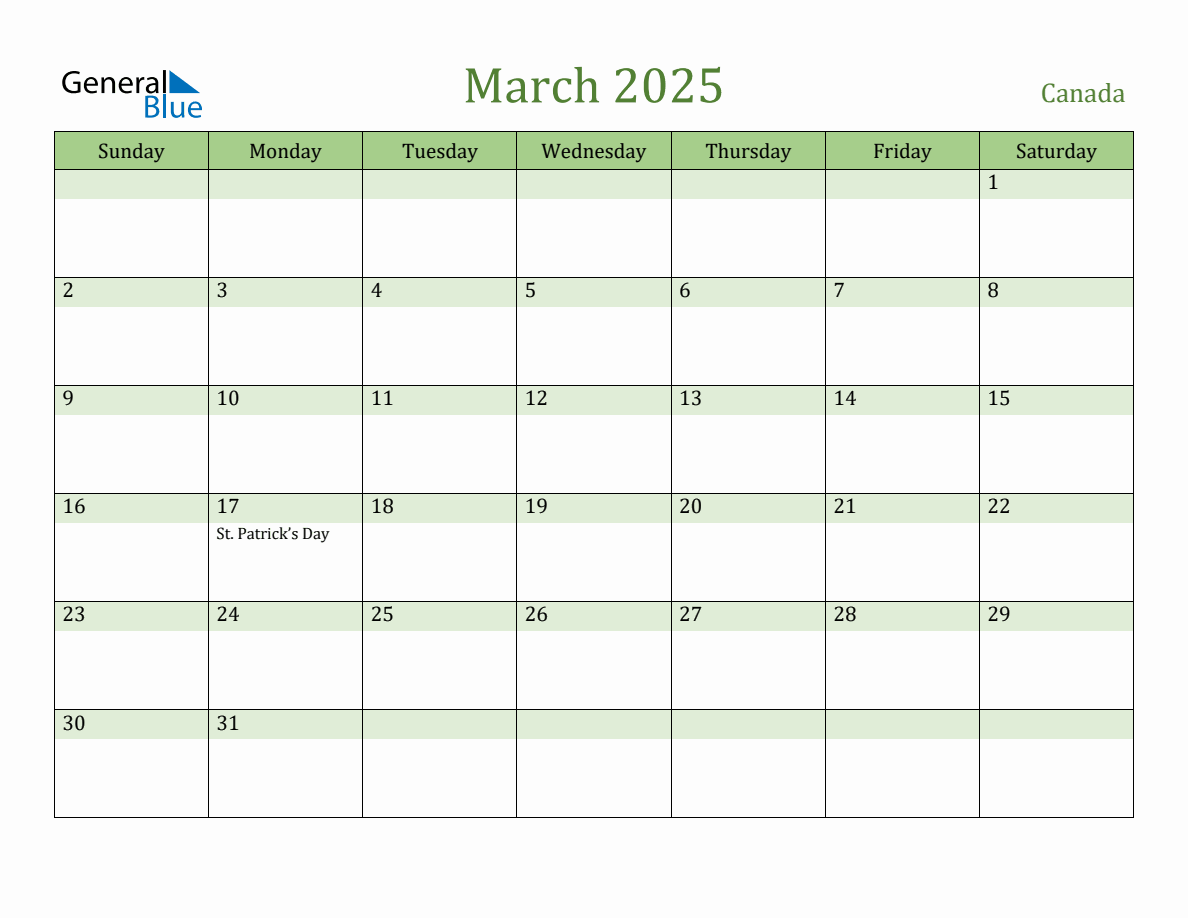 Fillable Holiday Calendar for Canada March 2025