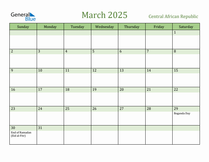 March 2025 Calendar with Central African Republic Holidays