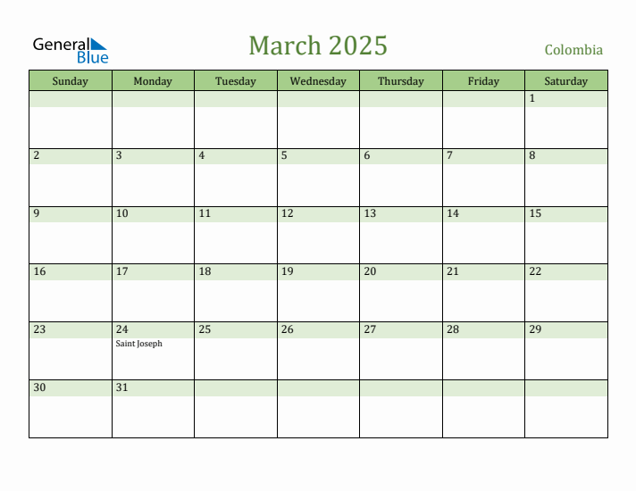 March 2025 Calendar with Colombia Holidays