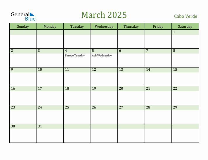 March 2025 Calendar with Cabo Verde Holidays