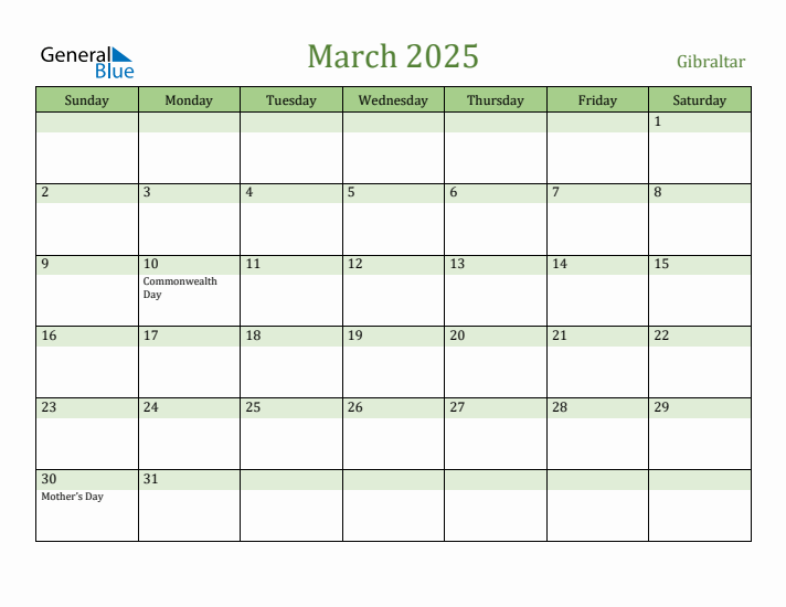 March 2025 Calendar with Gibraltar Holidays