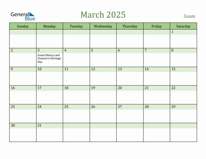March 2025 Calendar with Guam Holidays