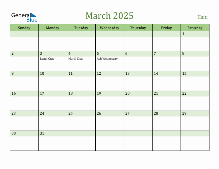 March 2025 Calendar with Haiti Holidays