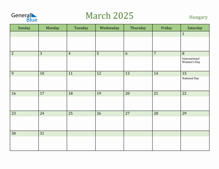 March 2025 Calendar with Hungary Holidays