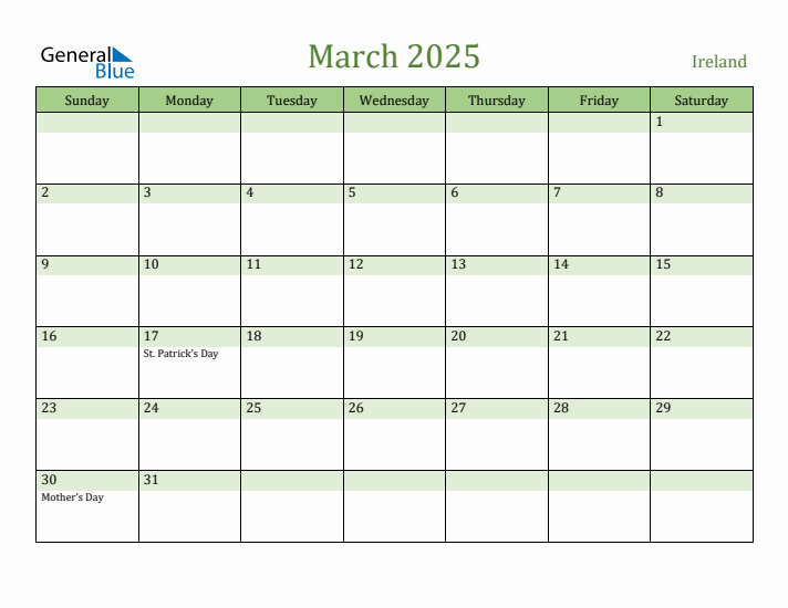Fillable Holiday Calendar for Ireland March 2025