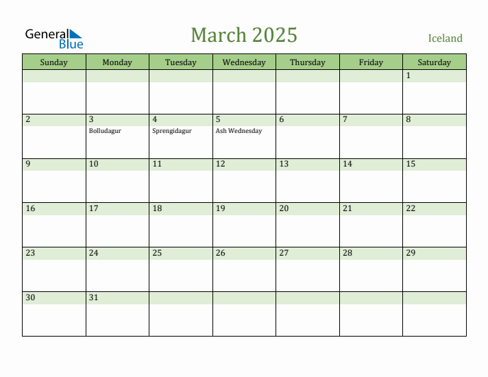 March 2025 Calendar with Iceland Holidays