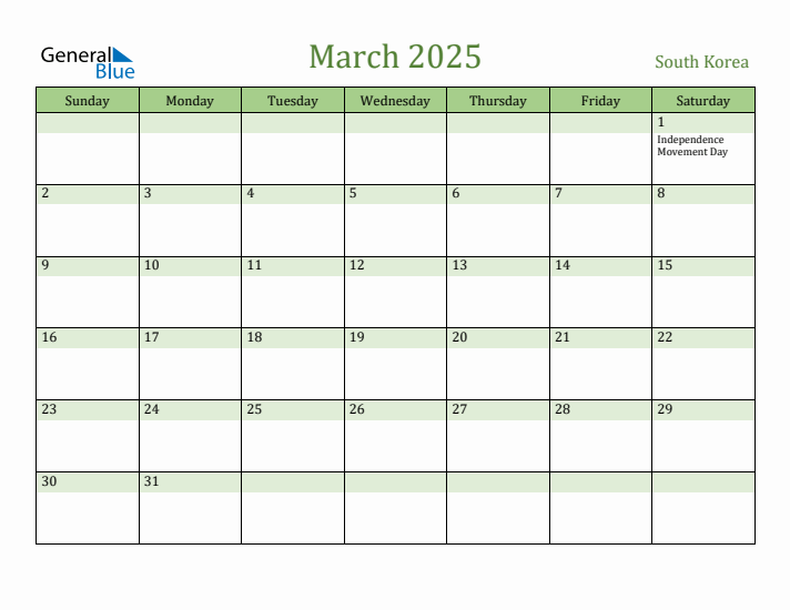 March 2025 Calendar with South Korea Holidays