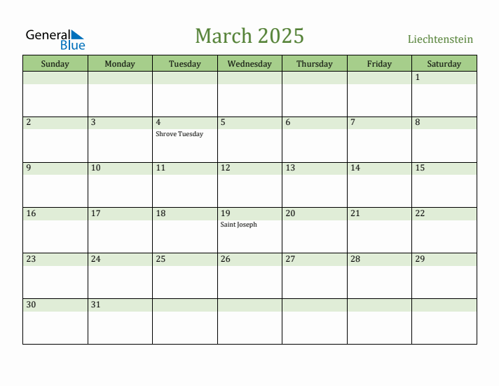 March 2025 Calendar with Liechtenstein Holidays