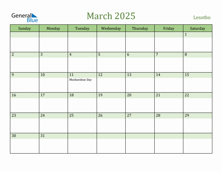 March 2025 Calendar with Lesotho Holidays