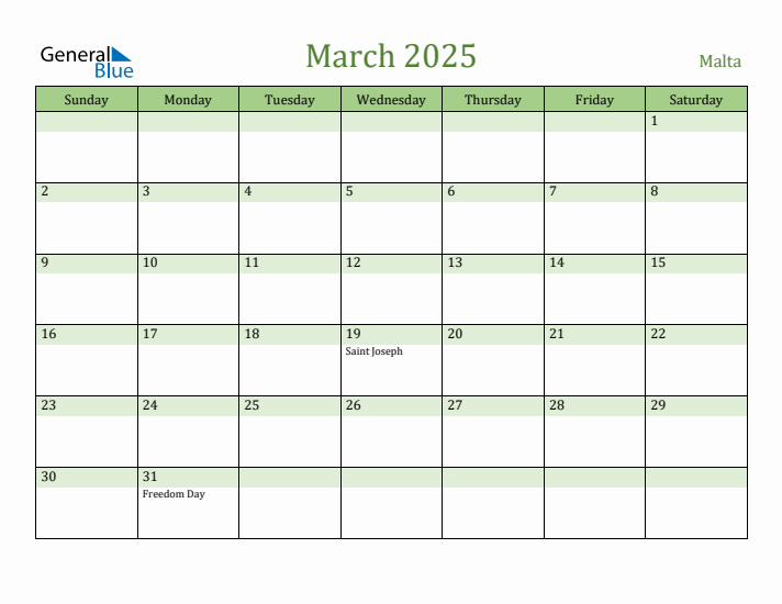 March 2025 Calendar with Malta Holidays
