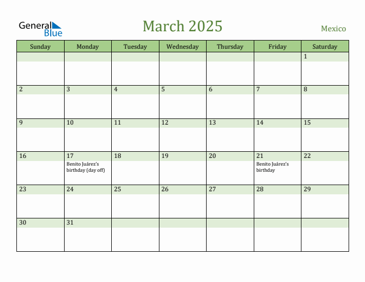 March 2025 Calendar with Mexico Holidays