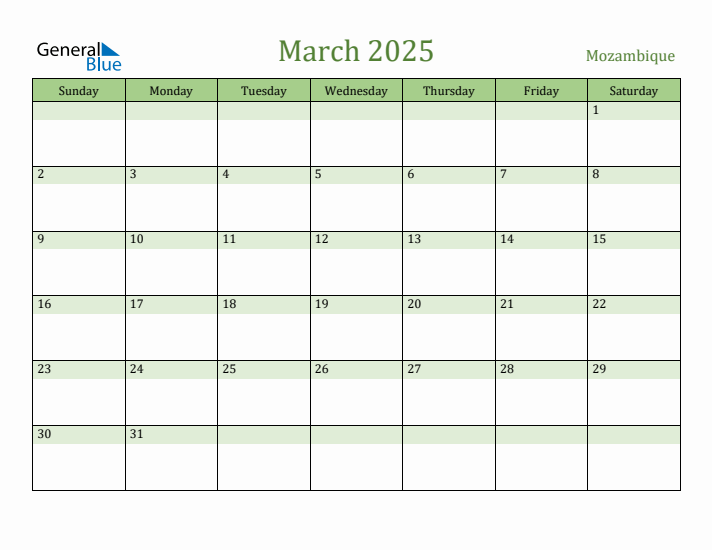 March 2025 Calendar with Mozambique Holidays