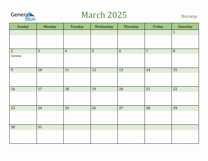 March 2025 Calendar with Norway Holidays