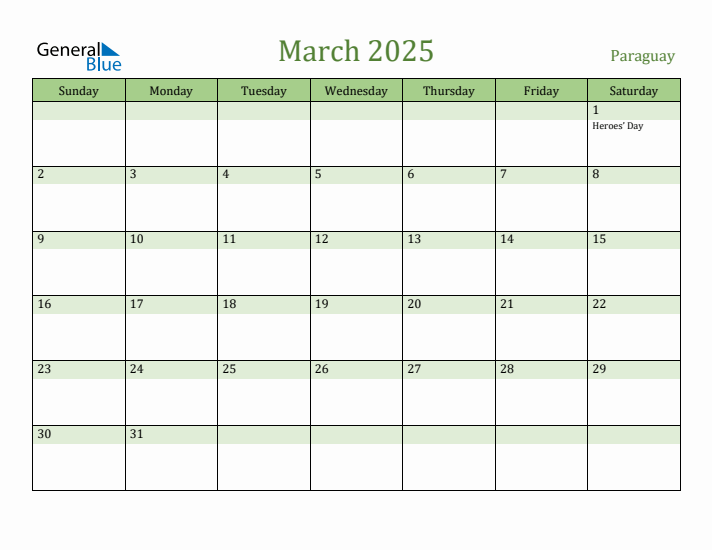 March 2025 Calendar with Paraguay Holidays
