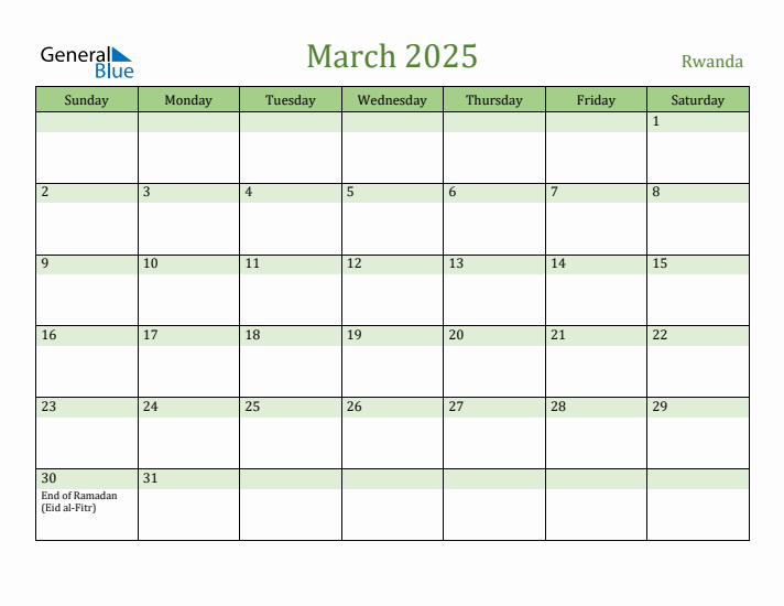 March 2025 Calendar with Rwanda Holidays