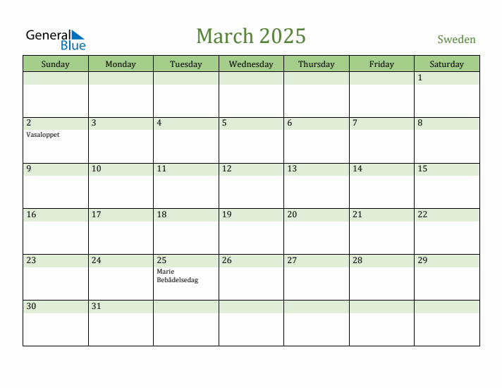 March 2025 Calendar with Sweden Holidays