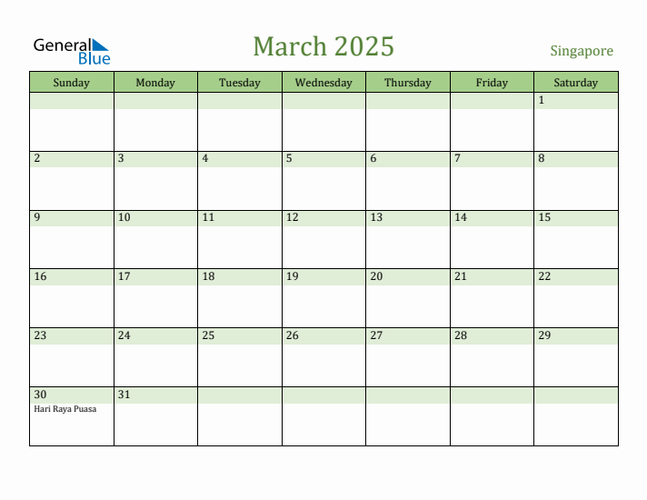 March 2025 Calendar with Singapore Holidays