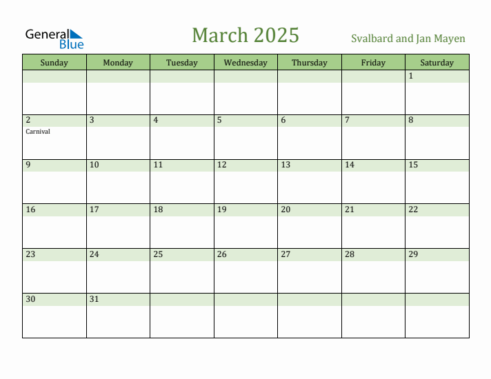 March 2025 Calendar with Svalbard and Jan Mayen Holidays