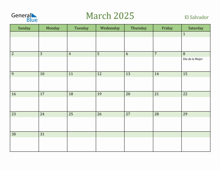 March 2025 Calendar with El Salvador Holidays