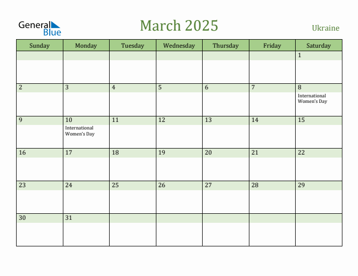 March 2025 Calendar with Ukraine Holidays