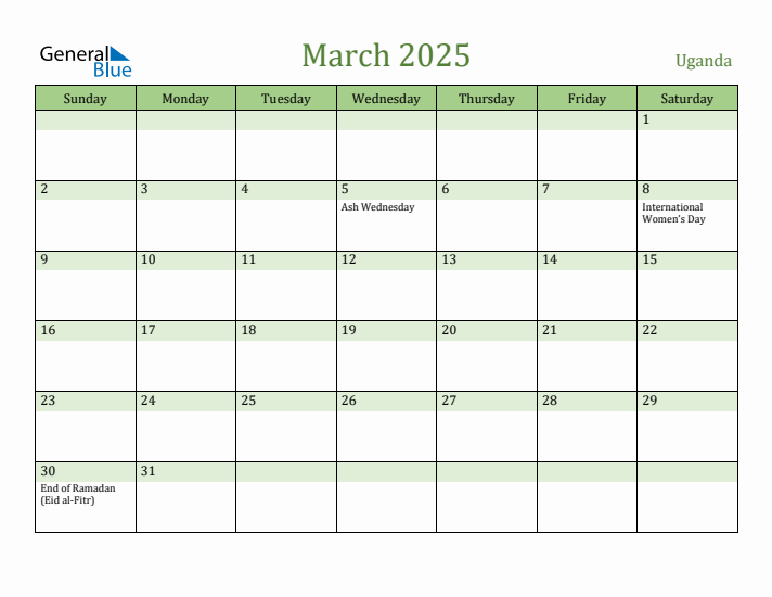March 2025 Calendar with Uganda Holidays