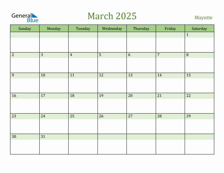 March 2025 Calendar with Mayotte Holidays