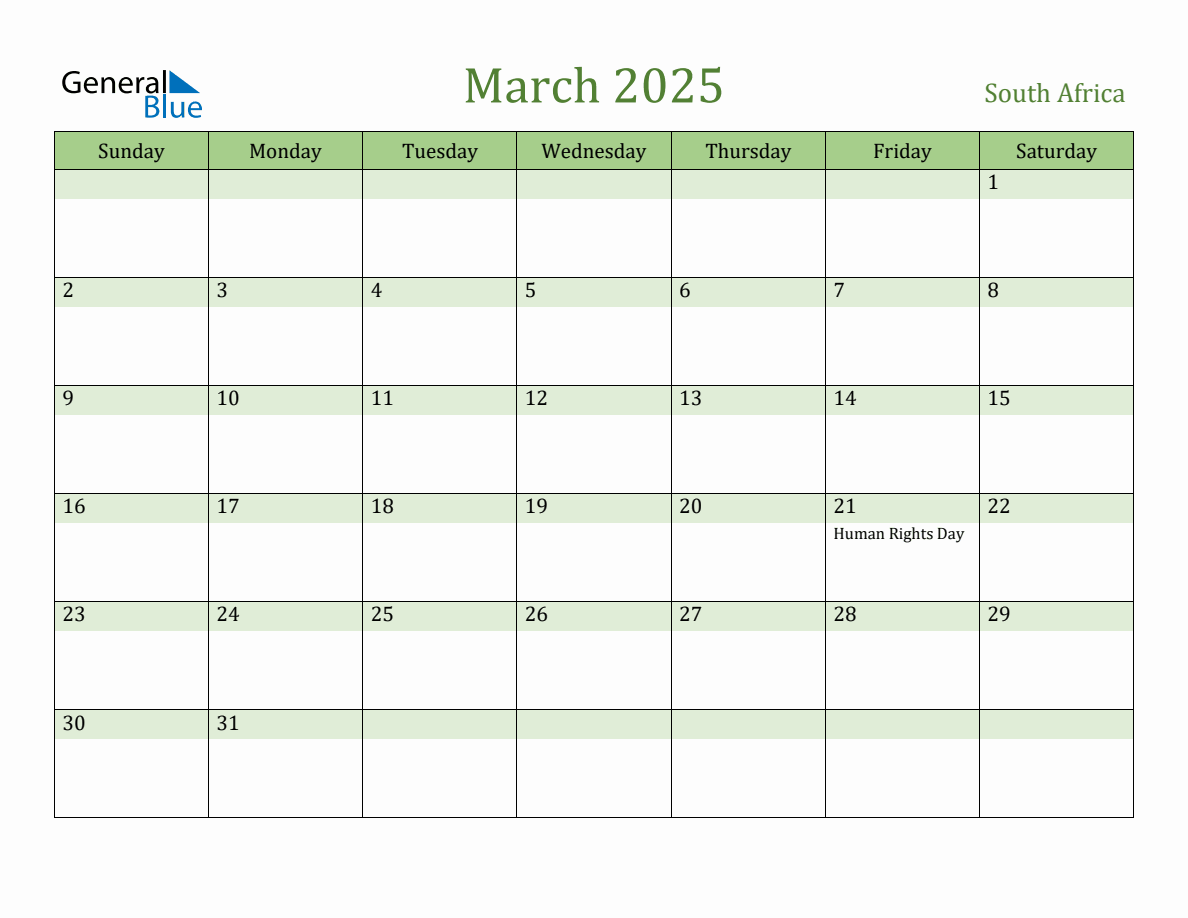 Fillable Holiday Calendar for South Africa March 2025