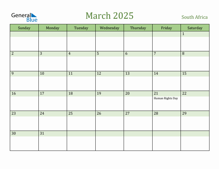 Fillable Holiday Calendar for South Africa March 2025