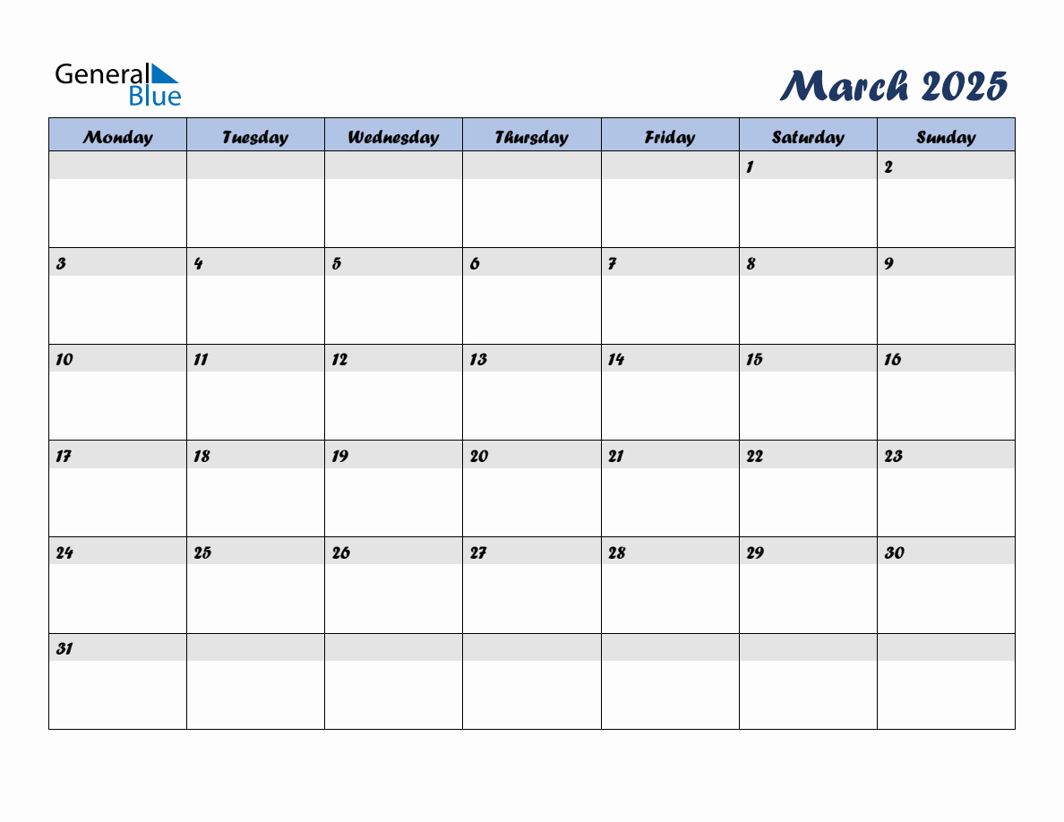 Free March 2025 Monthly Editable Calendar, starting on Monday