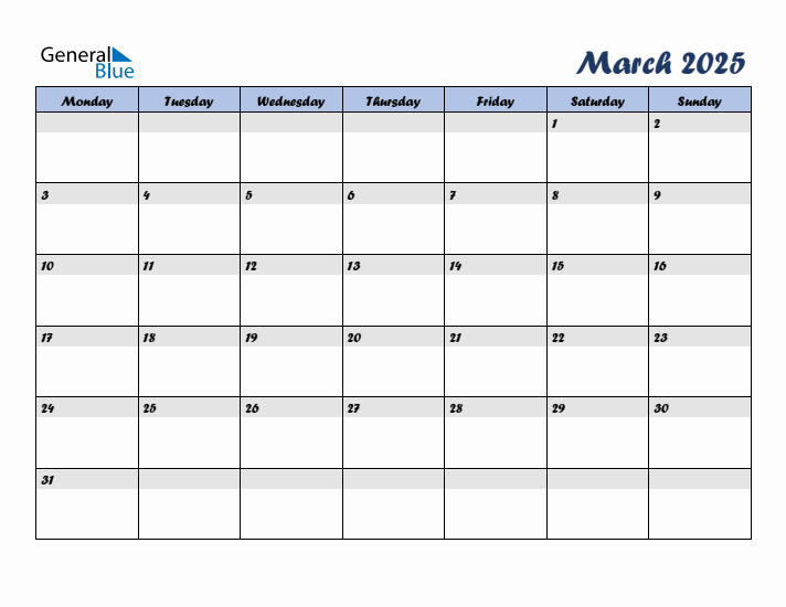 March 2025 Blue Calendar (Monday Start)