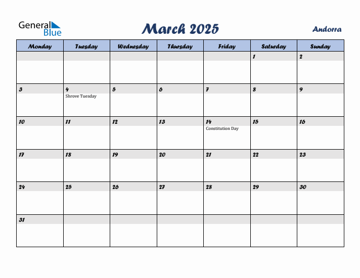 March 2025 Calendar with Holidays in Andorra