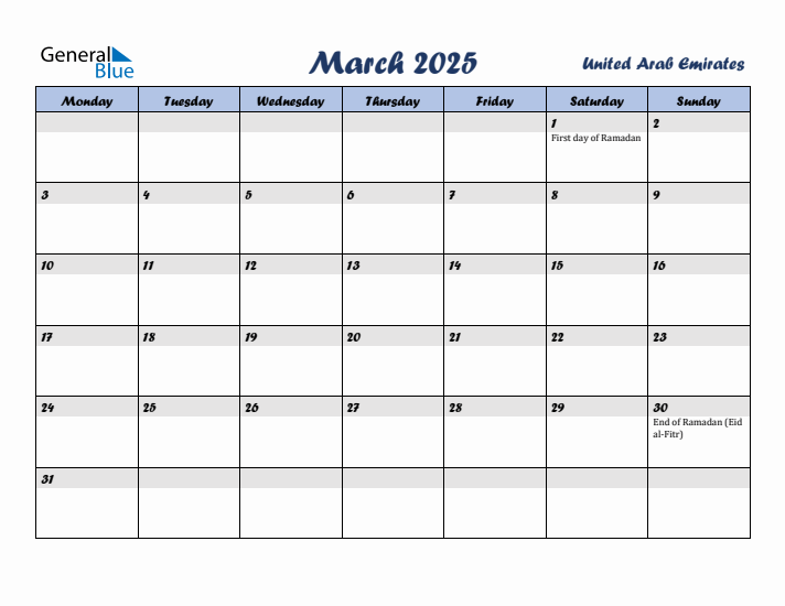 March 2025 Calendar with Holidays in United Arab Emirates