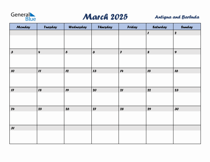 March 2025 Calendar with Holidays in Antigua and Barbuda