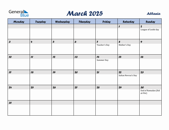 March 2025 Calendar with Holidays in Albania