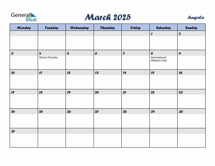 March 2025 Calendar with Holidays in Angola
