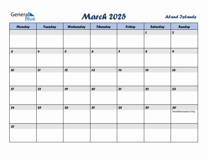 March 2025 Calendar with Holidays in Aland Islands
