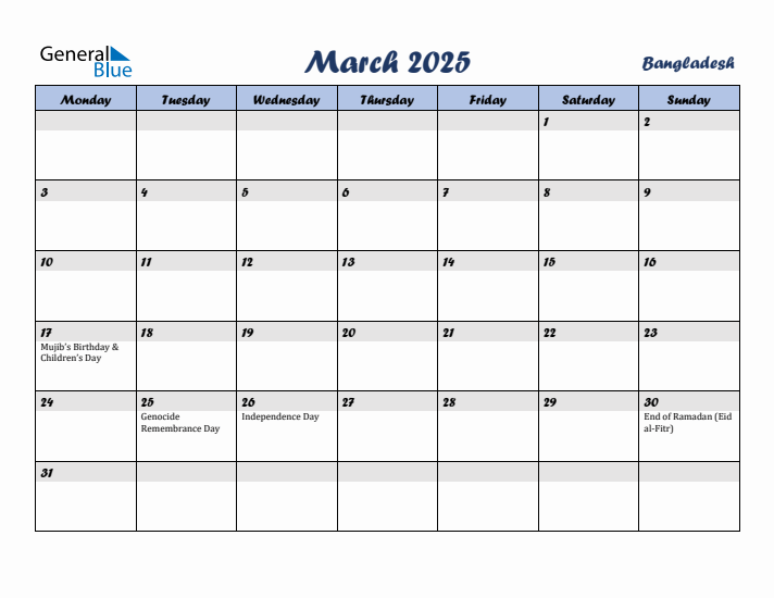 March 2025 Calendar with Holidays in Bangladesh