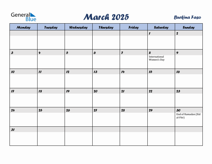 March 2025 Calendar with Holidays in Burkina Faso